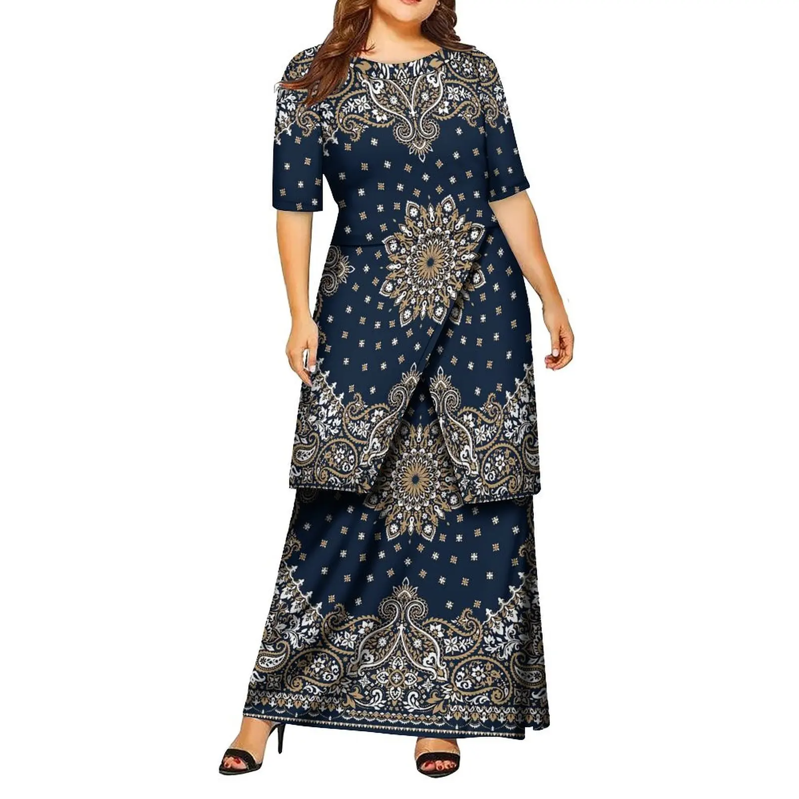 ชุดเดรสสไตล์เรโทรคอกลมแบบใหม่ รวมภาษีแล้ว ชุดเดรสไซส์ใหญ่สำหรับผู้หญิง เสื้อและกระโปรงลายผ้าพันคอ ชุดเดรสยาวสองชิ้น