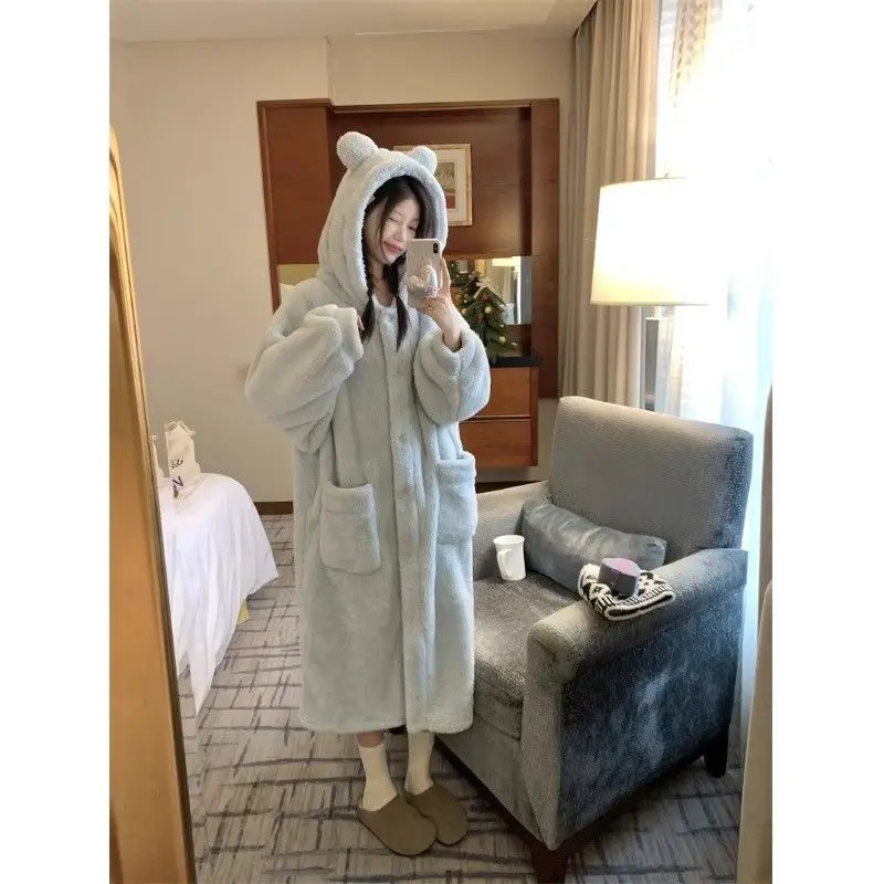 

Халат из кораллового флиса для девочек, ночная рубашка, пижама с капюшоном, утепленная теплая домашняя одежда на флисовой подкладке, женская милая теплая ночная рубашка, осень-зима
