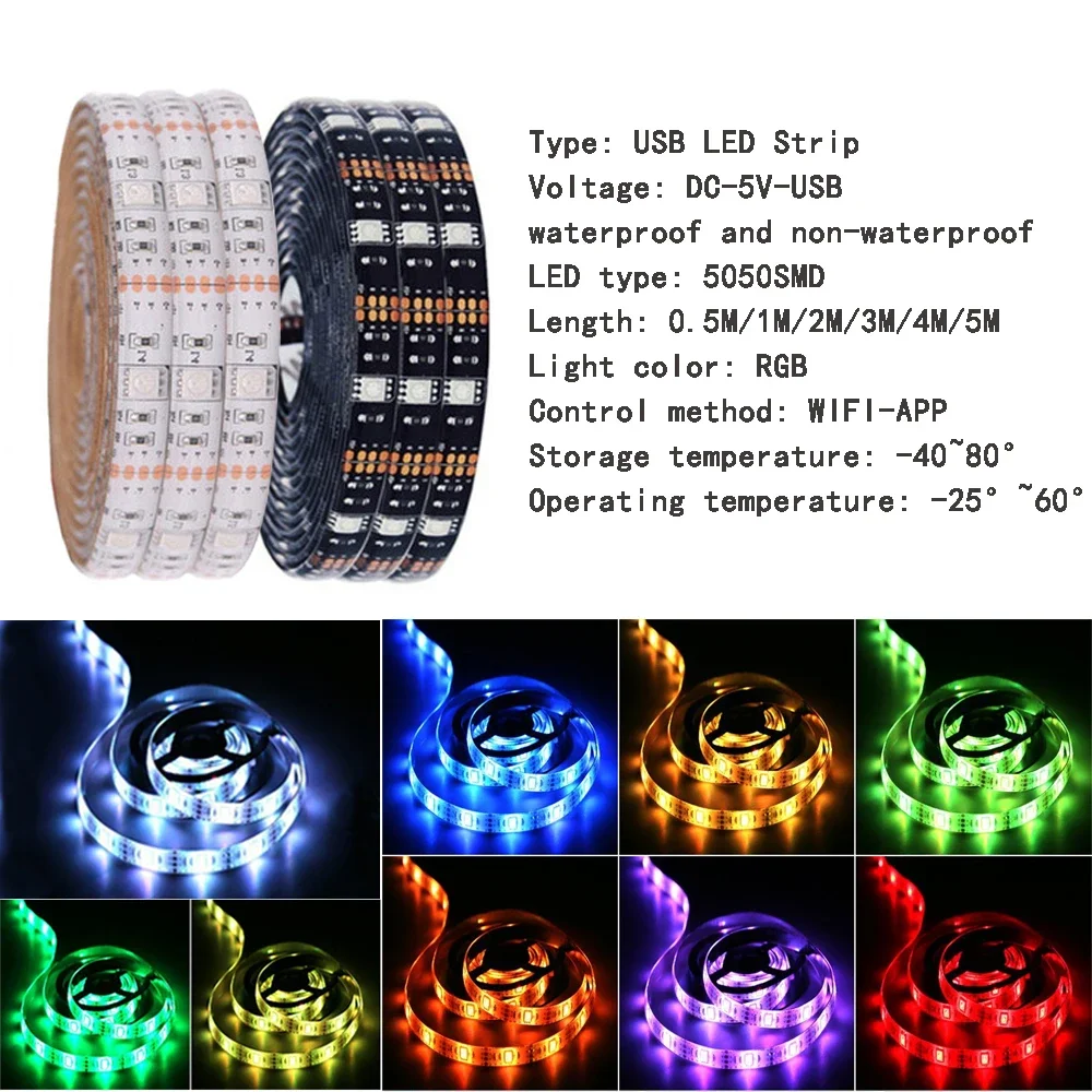 Imagem -04 - Rgb Usb Led Strip Light tv Luzes de Fundo Tuya Wifi Controller Alexa Voz App Controle 5050 Lâmpada de Fita Smd dc 5v 1m 2m 3m 4m 5m