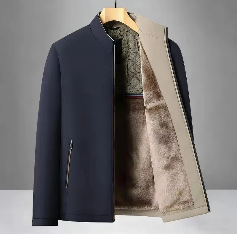 

Men's Thick Fleece Lined Winter Jacket, Stand Collar Cotton Padded Coat, Warm Outerwear for Middle Aged and Elderly