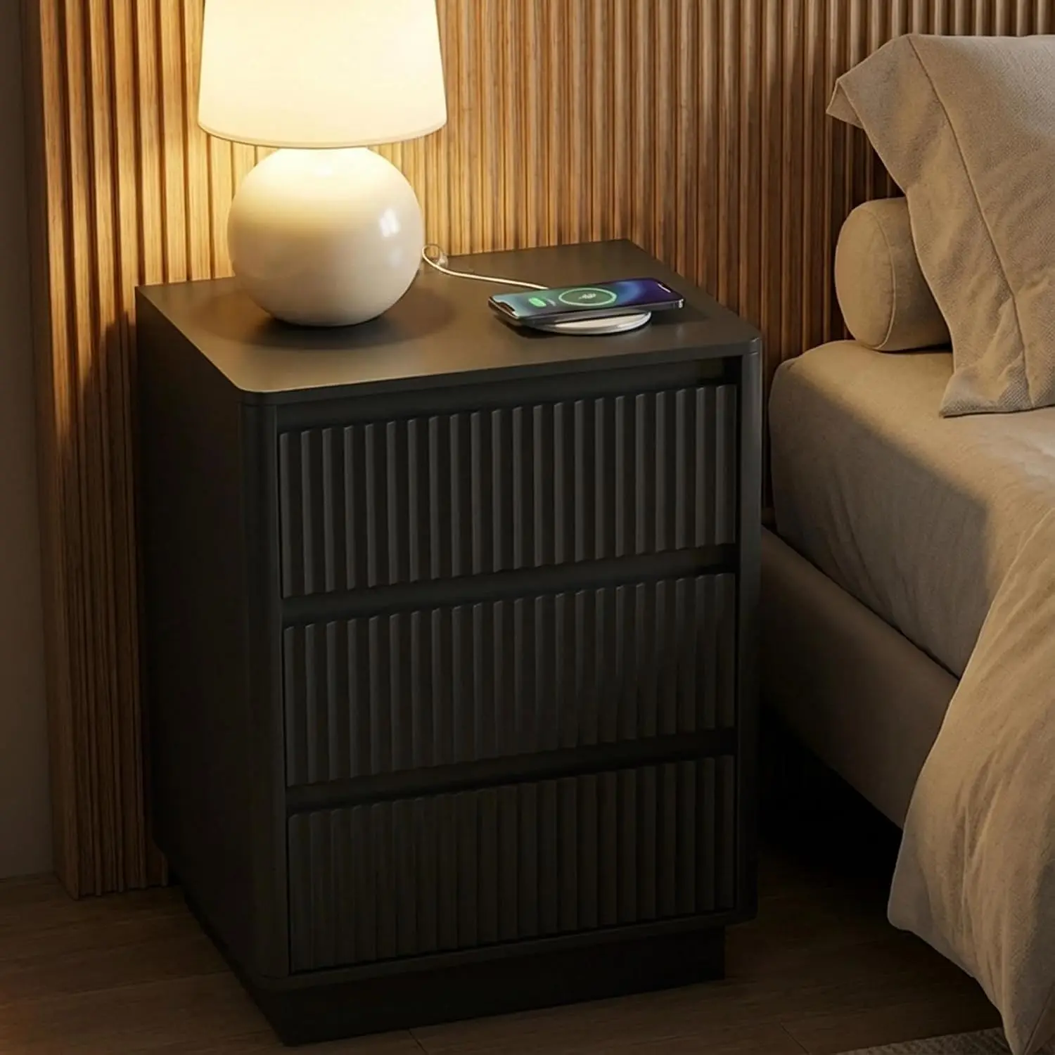 Nightstand Set of 2 with Charging Station & 3 Drawers, Fluted Bedside Table with Cable Management for Bedroom, Black, Customized