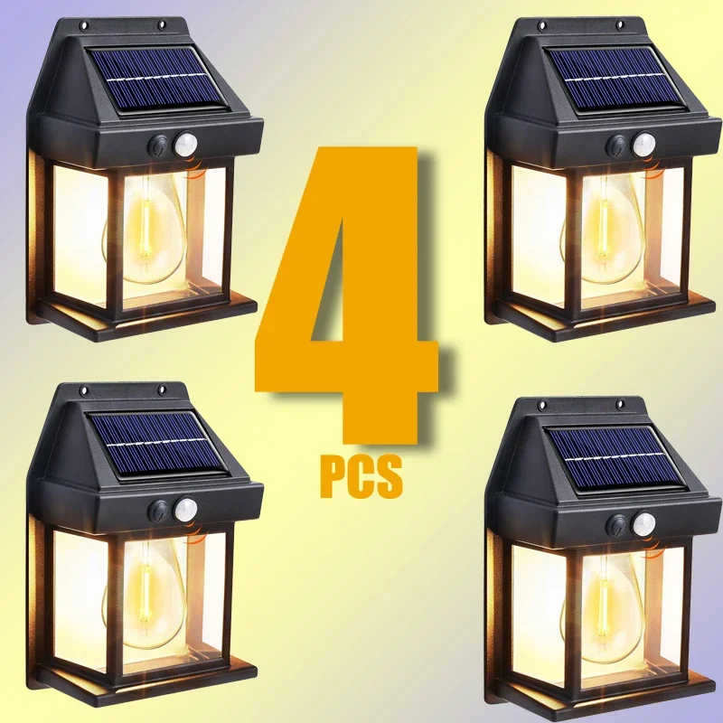 

Solar-Powered Waterproof Outdoor Wall Light with Motion Sensor Tungsten Filament Garden Yard Decoration LED Lamp 3 Modes 1-4Pcs