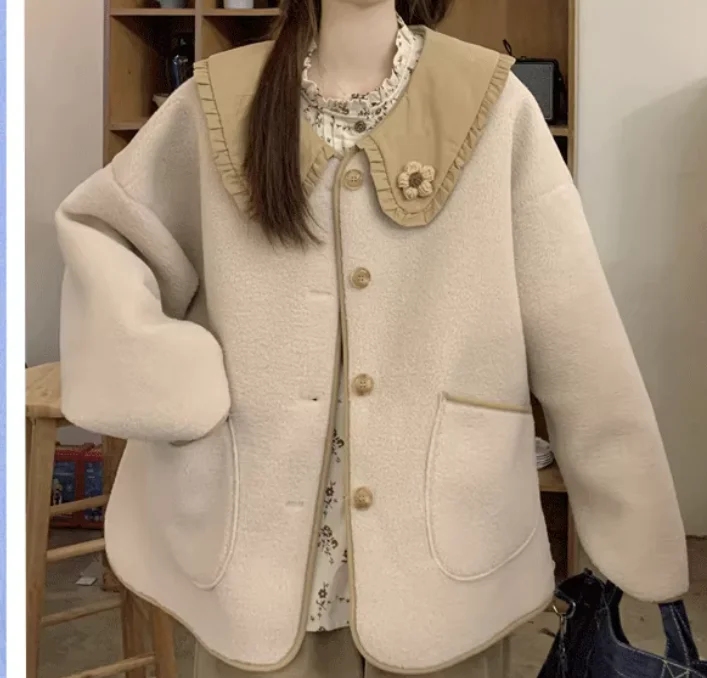 حجم كبير النساء الشتاء الكورية فضفاضة الحلو بيتر بان طوق الحد من العمر امبسوول سترة موضة تنوعا سترات بأكمام طويلة