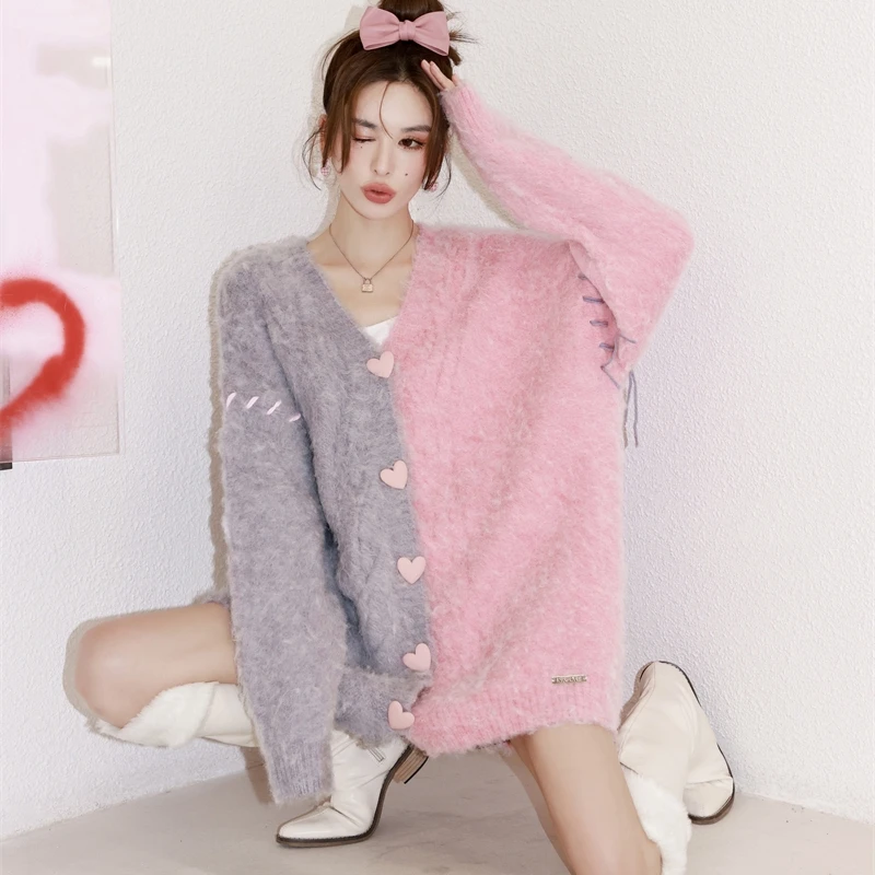 

2023 New Autumn Winter Age Reducing Knitted Sweaters Korejepo Pink Love Soft Cardigan Women Sweet Long Sleeved Sweater Tops