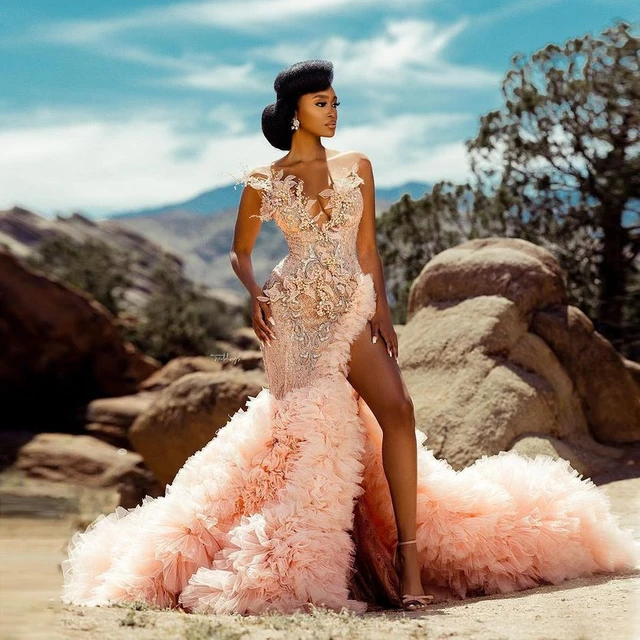 Abiti da ballo a sirena con perline di lusso abito da festa di nozze rosa con spacco laterale Sexy con applicazioni 3D in Tulle abiti da sera formali AliExpress