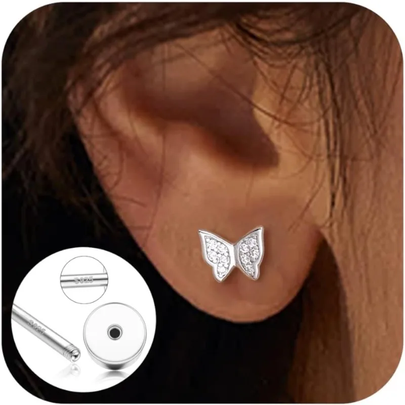 

925 Sterling Silver Flat Back Studs Screw Back Earrings White Gold Plated CZ Butterfly Tragus Earring for Mother's Day Gift