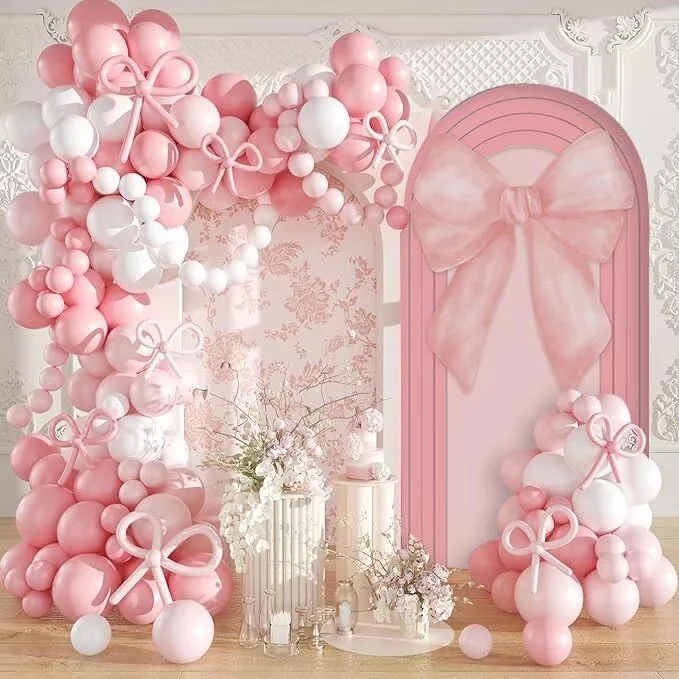 ピンクのリボンと小さな花が描かれたアーチ型の背景カバー、ピンクの伸縮性のあるアーチ型スタンドカバー、コケットガールの誕生日パーティーの装飾に