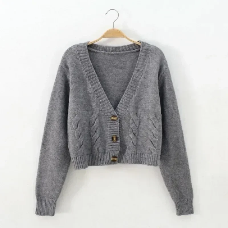 Women Cardigan V Neck Cropped Long Sleeve Twist Knitted Sweater Coats Spring Autumn Keep Warm Korean Fashion Jacket Cardigan