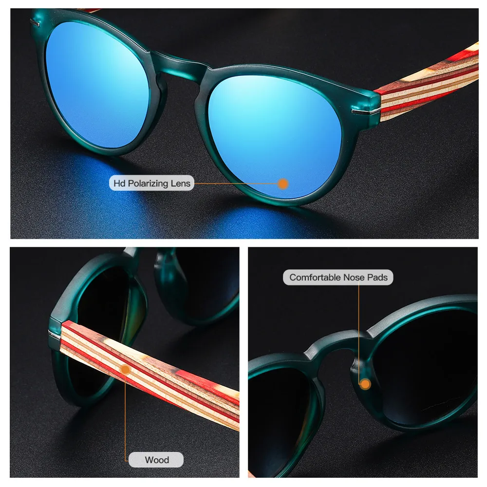 GM Brand Designer Polarized Sunglasses Men Plastic Frame Wood Earpieces Fashion Oval Sun Glasses Mirror Lens UV400 S5092