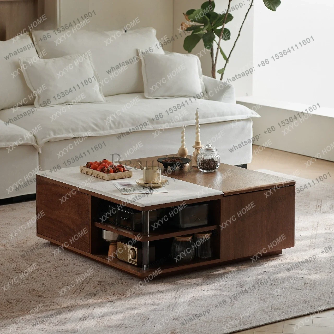 Medieval style square rock slab coffee table Modern simple small apartment living room household lifting function coffee table