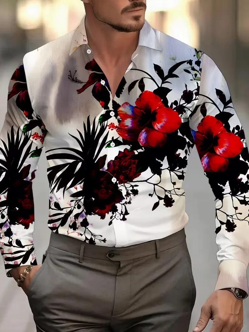 

Модная мужская рубашка с длинными рукавами и пуговицами с 3D цветочным принтом, повседневная рубашка с длинными рукавами, мужская верхняя рубашка