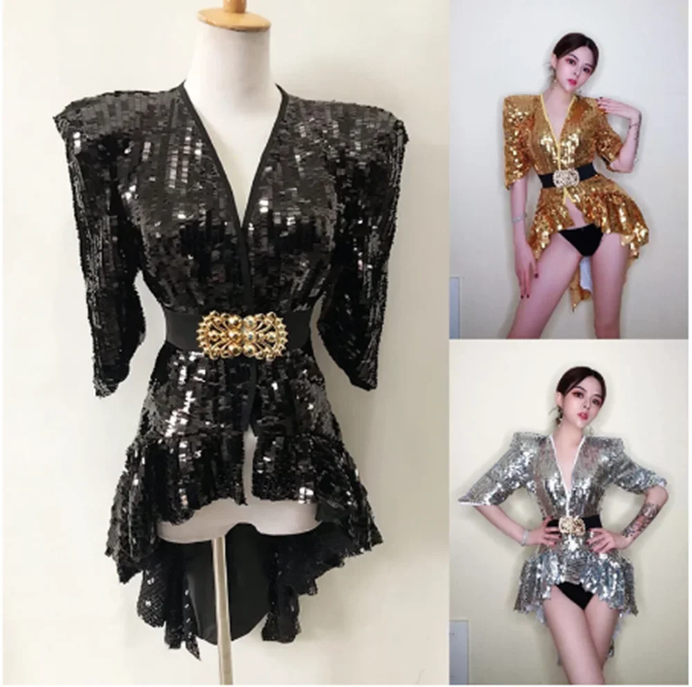 Sparkly Sequin Tuxedo With Belt Female Singer Dancer Stage Costume Rave Festival Clothing Nightclub Gogo Dancing Clothes yj013