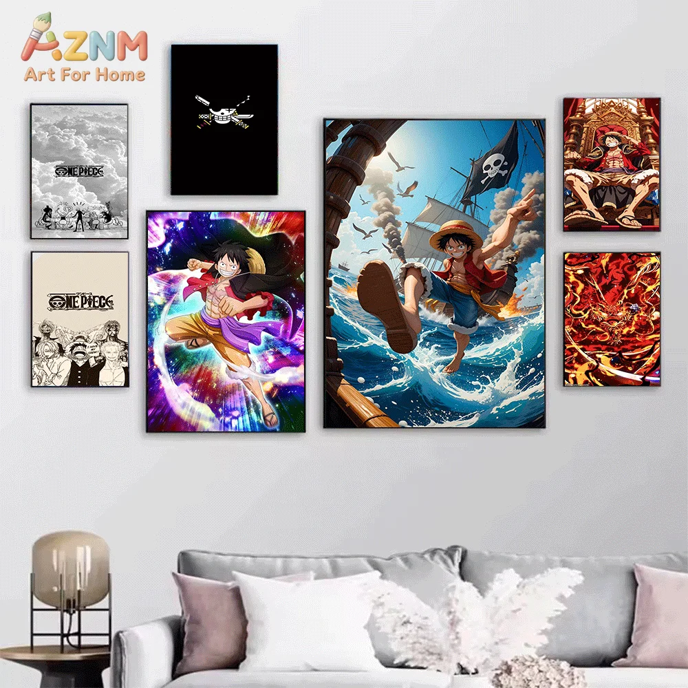 AZNM Unframed Canvas Print One Piece Zoro Luffy Jolly Roger Anime Wall Art Manga Poster Home Decor