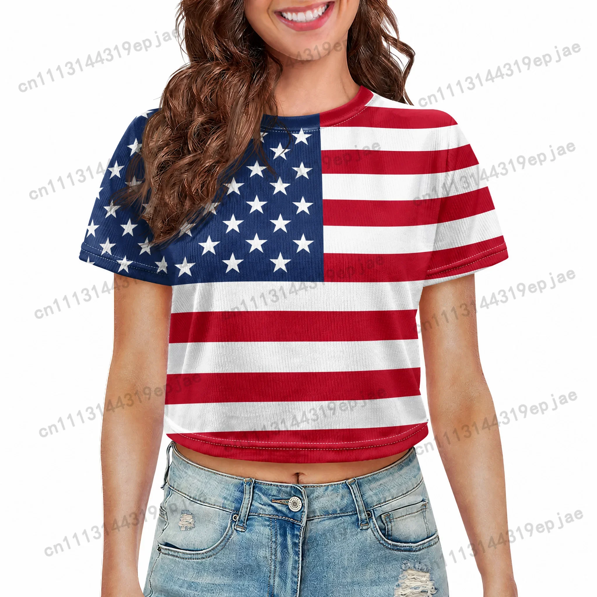 United States Ukraine National Flag Eagle Print Crop Tops Women Short Sleeve O-neck Casual Streetwear Y2K Green Summer T-shirt