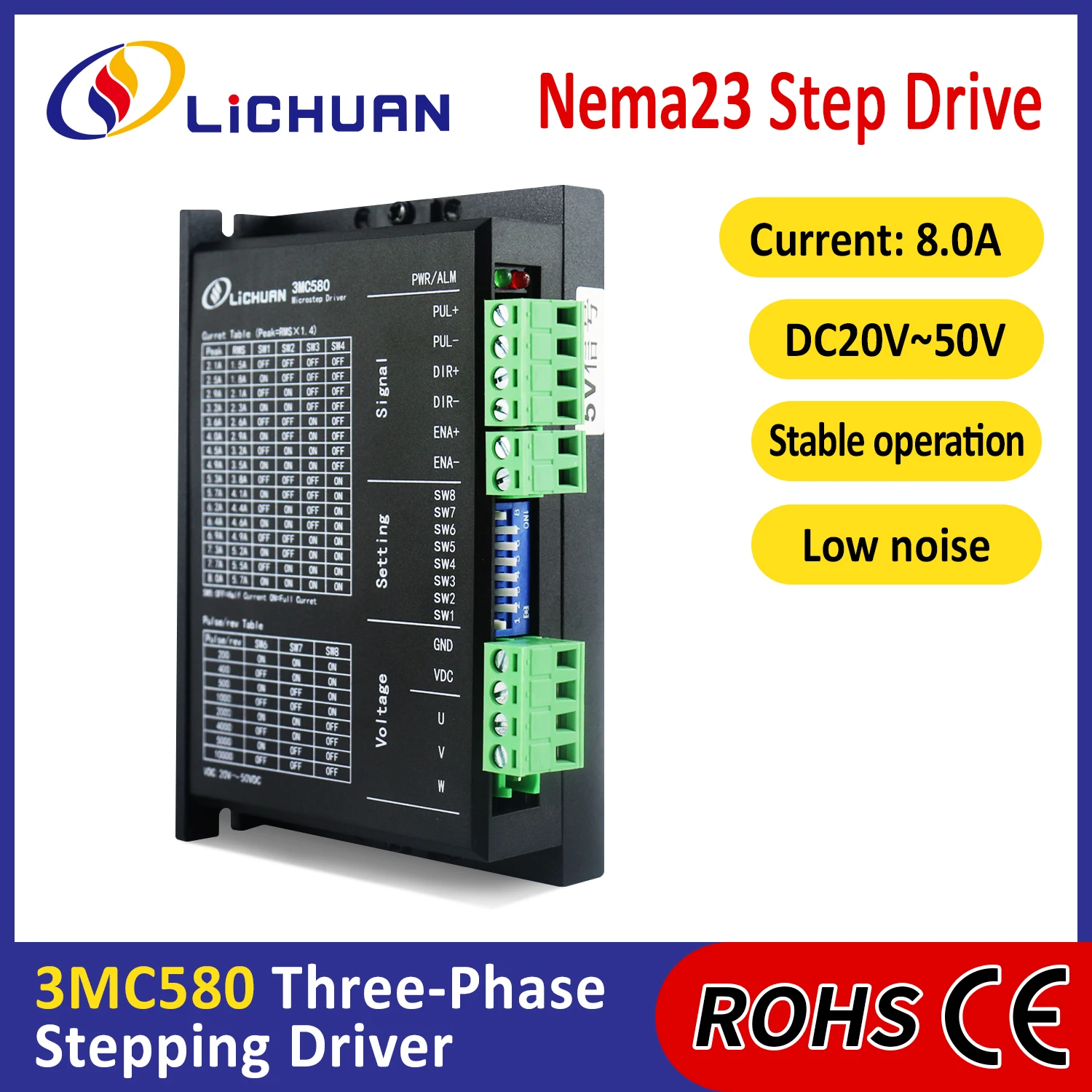 

Lichuan DC20V～50V 8.0A 200～10000ppr Stepper Motor Driver 3 Phase Nema23 DC Open Loop Stepper Motors Drivers for Laser Machine