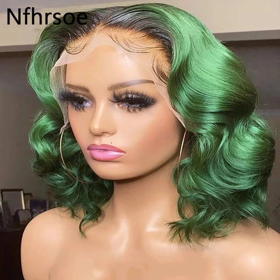 

1B Green Colored Short Bob Wig 180 Density 13x4 Lace Front Human Hair Wig For Black Women PrePlucked Brazilian Body Wave Bob Wig