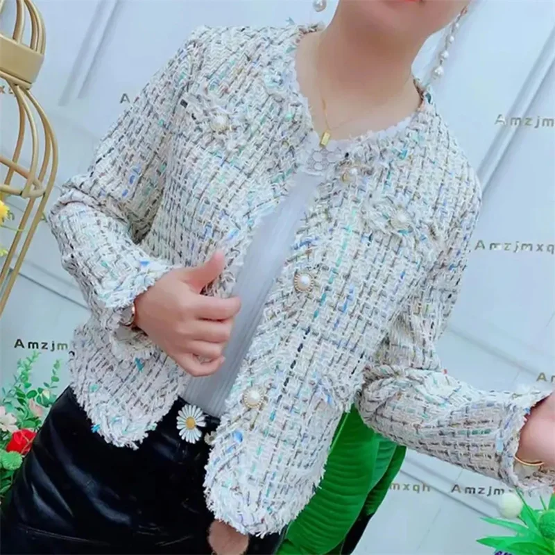 2024 New Spring And Autumn Ladies Coarse Flower Woolen Coat Women's  Jacket High-End Temperament Celebrity Short Slim Casual Top