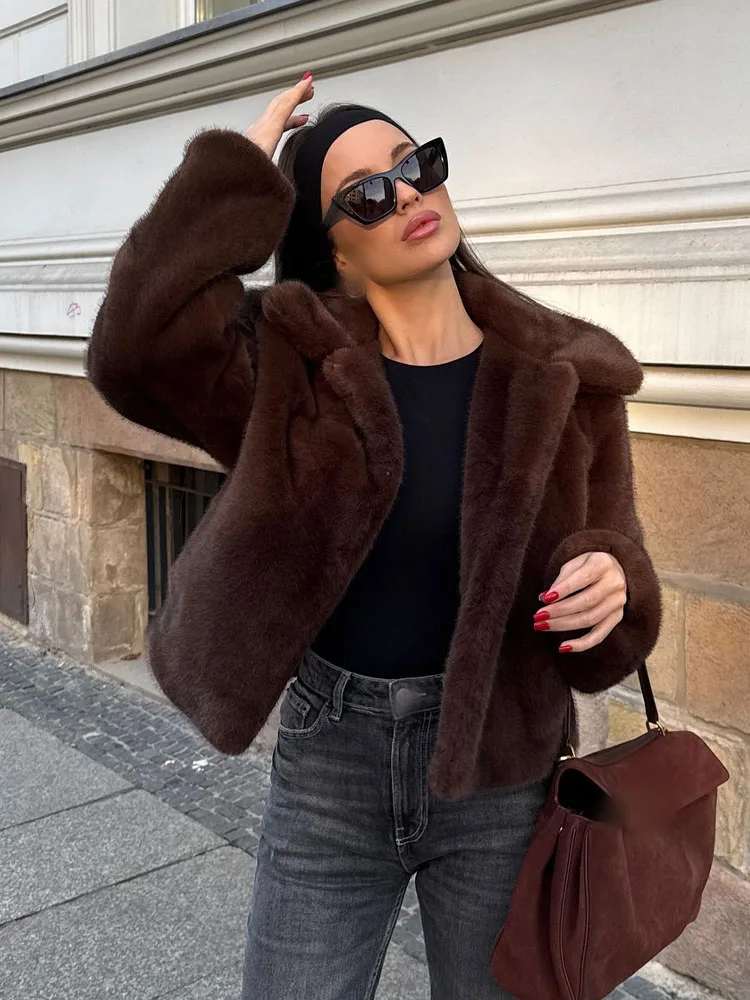 HH femmes hiver élégant revers manches longues simple boutonnage poches latérales décorer mince manteau femme Chic fausse fourrure vestes chaudes