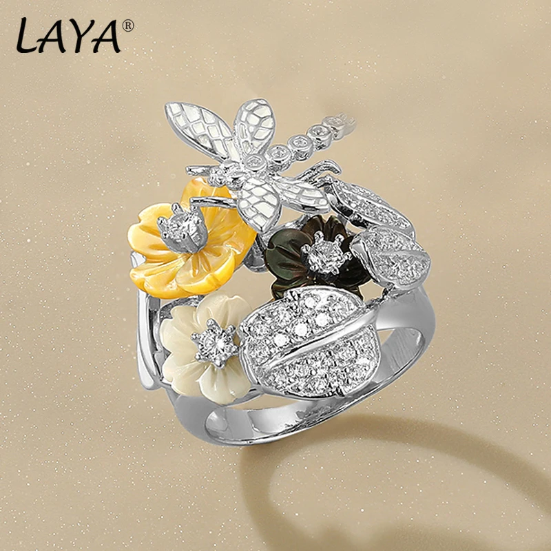 LAYA Ring For Women Black Yellow Shell Flower Shining White Zircon 100% 925 Sterling Silver  Finger Fashion Party Fine Jewelry