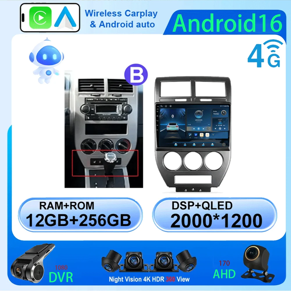 LJZN Android 16 Radio For Dodge Caliber Jeep Compass 1 MK Patriot 2006 - 2010 Multimedia Player Stereo Head Unit GPS Navigation
