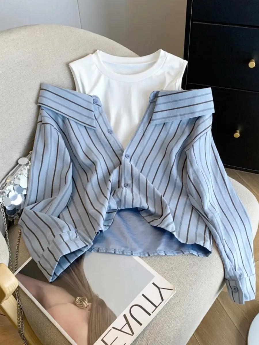 

Fashionable Korean Striped Long Sleeve Women's Shirt Shoulder Bared Top Loose Fit round Neck Polyester Autumn Seasonal Wear