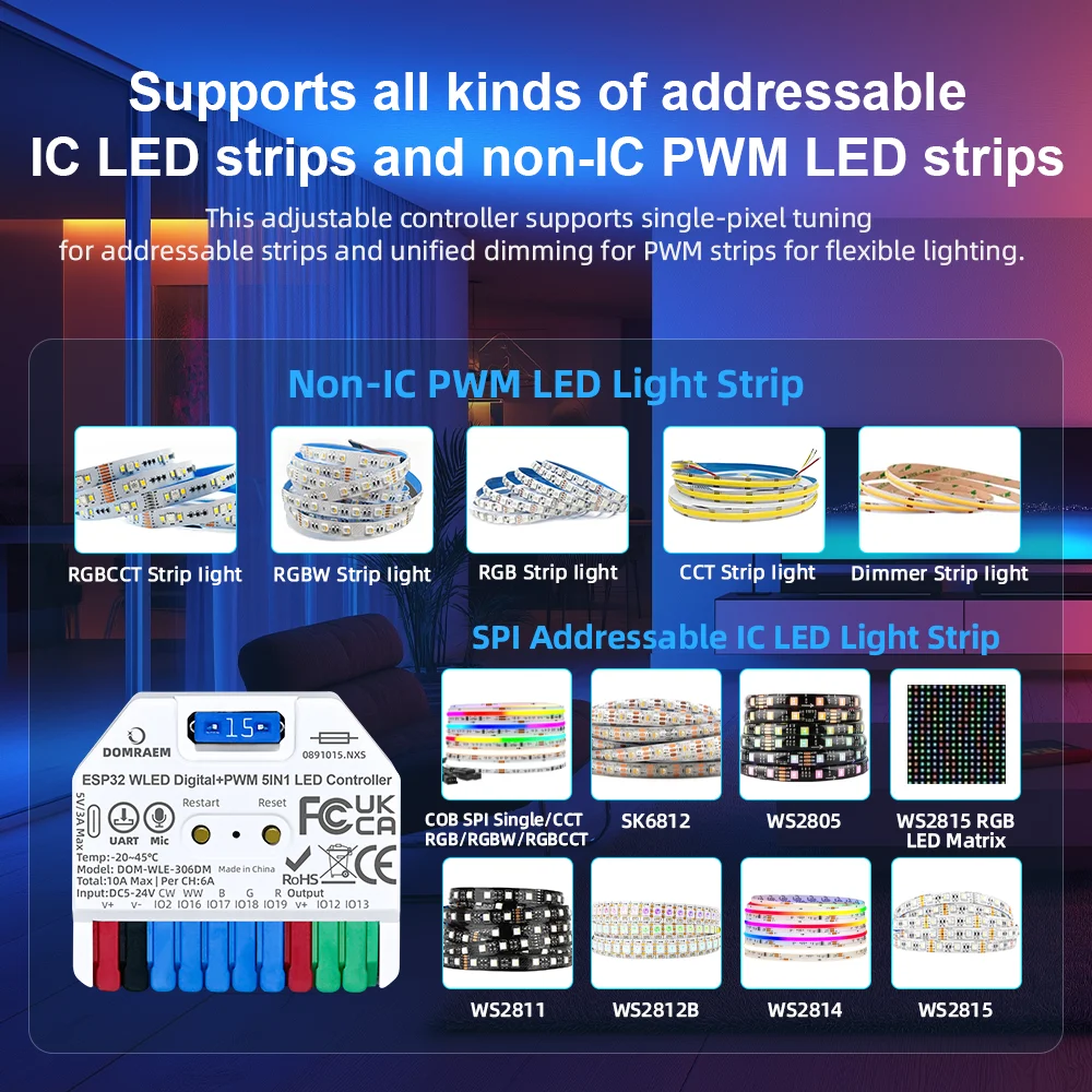 DOMRAEM ESP32 Super Mini WLED All in One LED Controller Addressable WS2812B SK6812 & PWM 15A External Fuse Home Assistant Alexa