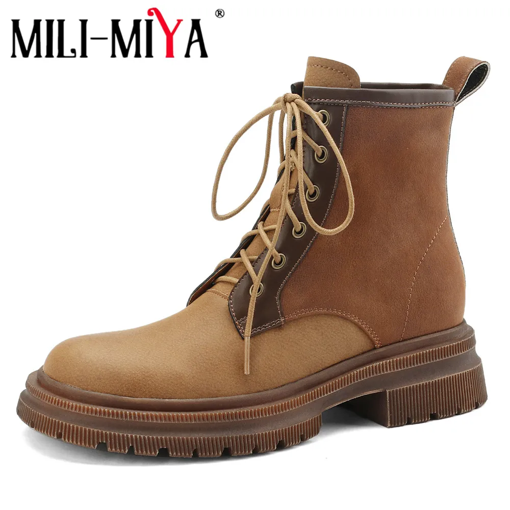 

MILI-MIYA New Arrival Martin Shoes Women Cow Leather Ankle Boots Round Toe Classic Lace Up Thick Heels Big Size 34-40 Handmade