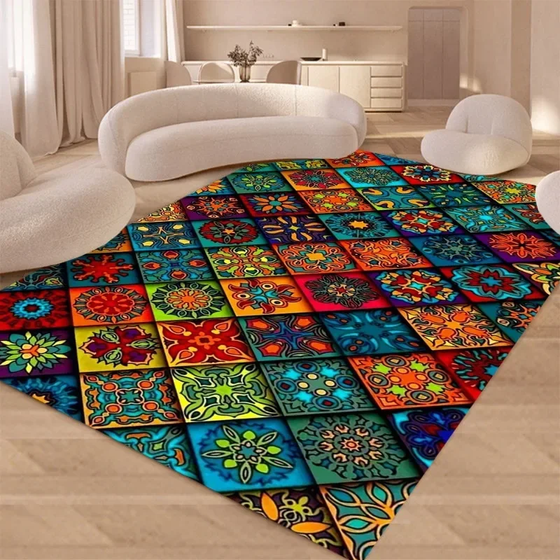 HD-Nordic Moroccan Retro Ethnic Style Patchwork Pattern Square Carpet Bedroom and Living Room Indoor Use Decoration