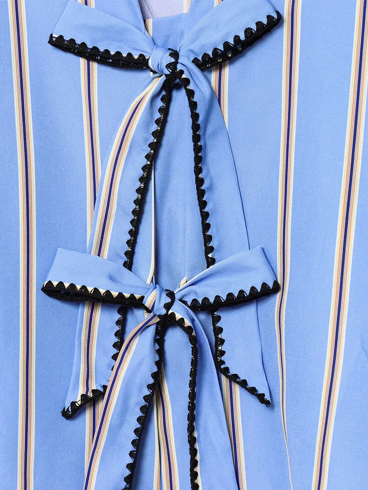 European style new women's fashion versatile temperament bow-decorated striped poplin long-sleeved shirt