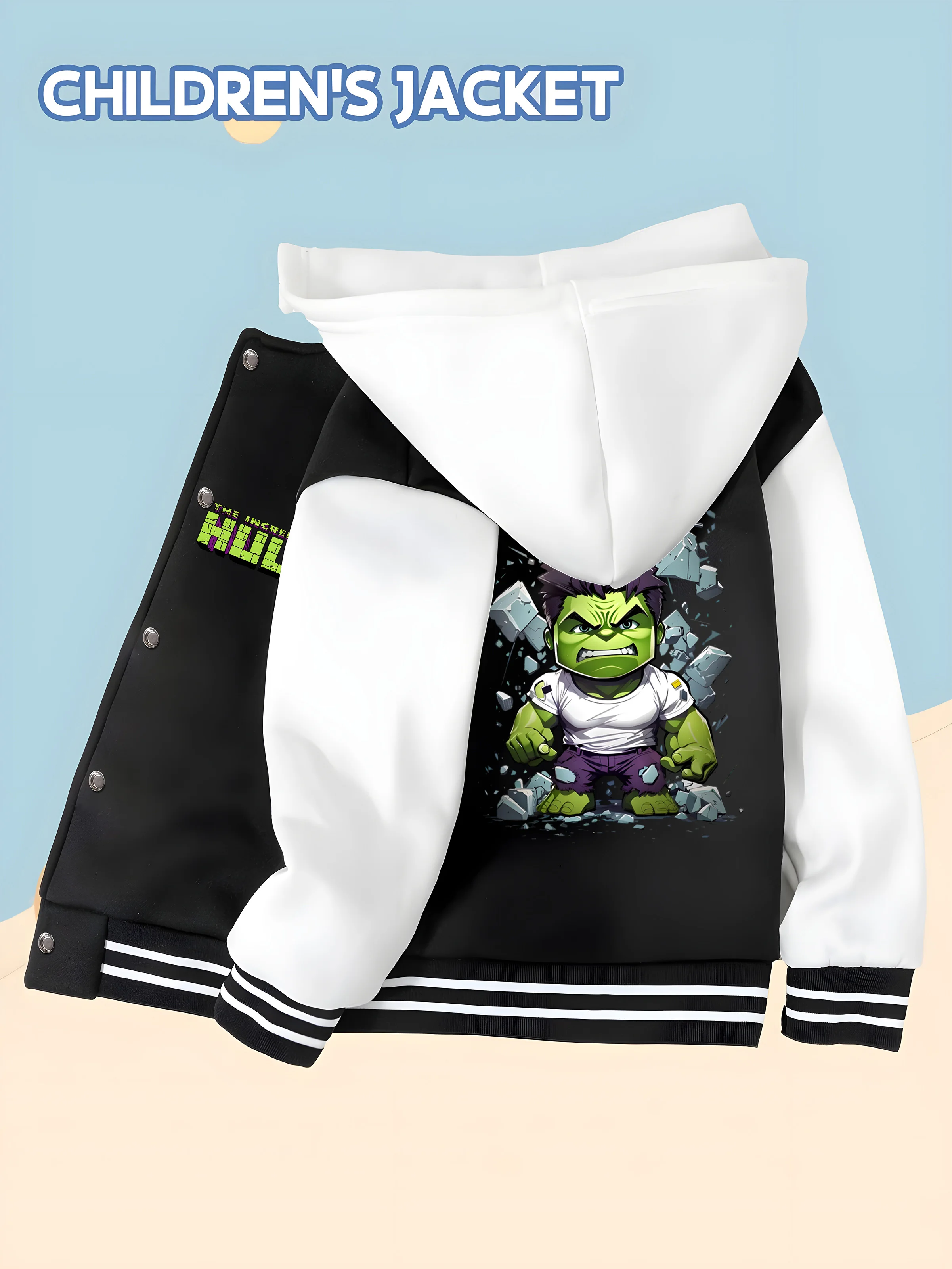 

MINISO Marvel Boys Baseball Jacket - Hulk cute print, double-sided pattern, comfortable fabric, black and white, trendy for fall