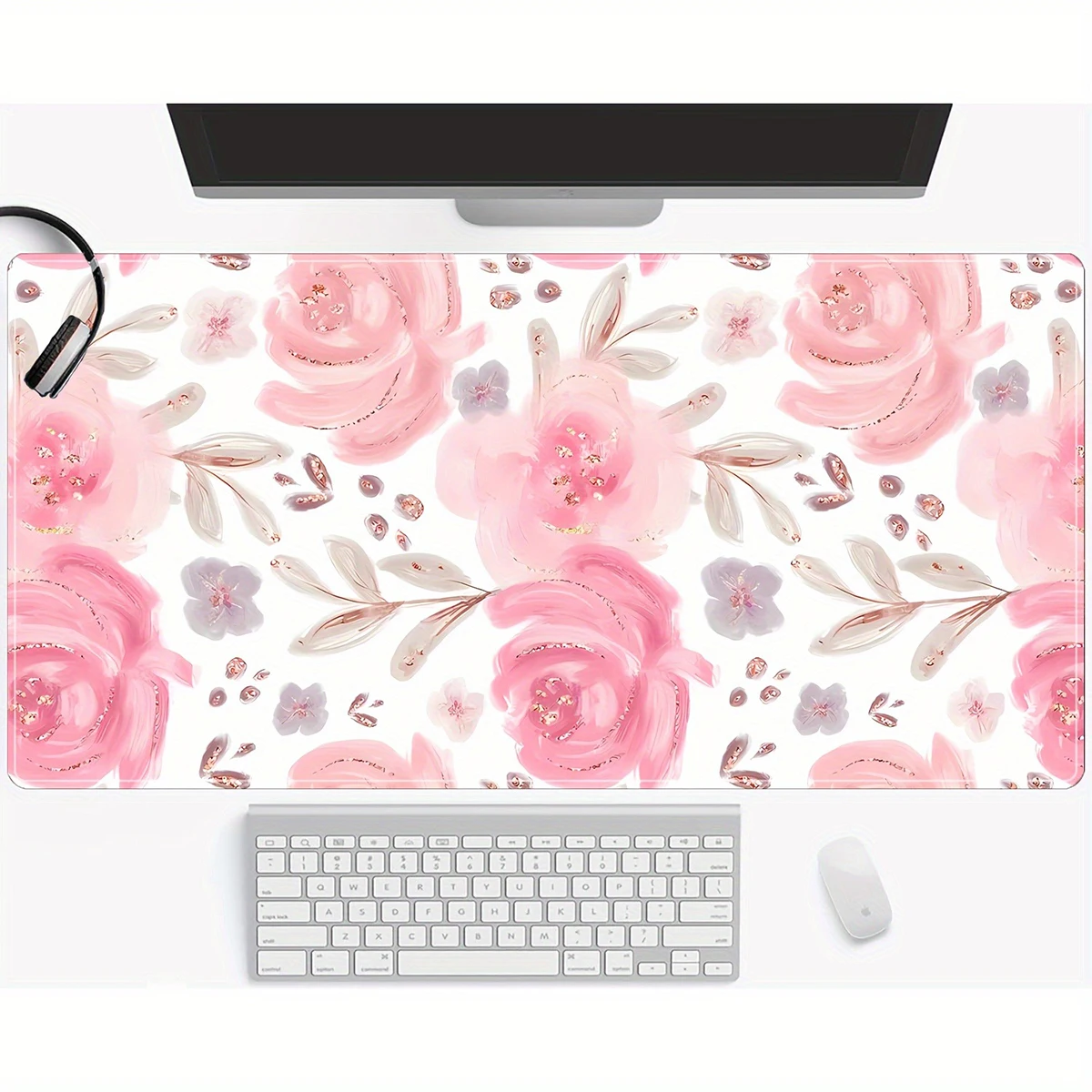 1pc Pink Flower Aesthetic Floral Mouse Pad Multi-Size Non-Slip Stitched Edge Computer Keyboard Desk Mat For Office And Gift