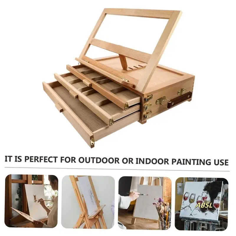Wood Desk Table Easel - Handcrafted Beechwood Desktop Easel & Wooden Art Tabletop Box For Drawing, Painting For Storage