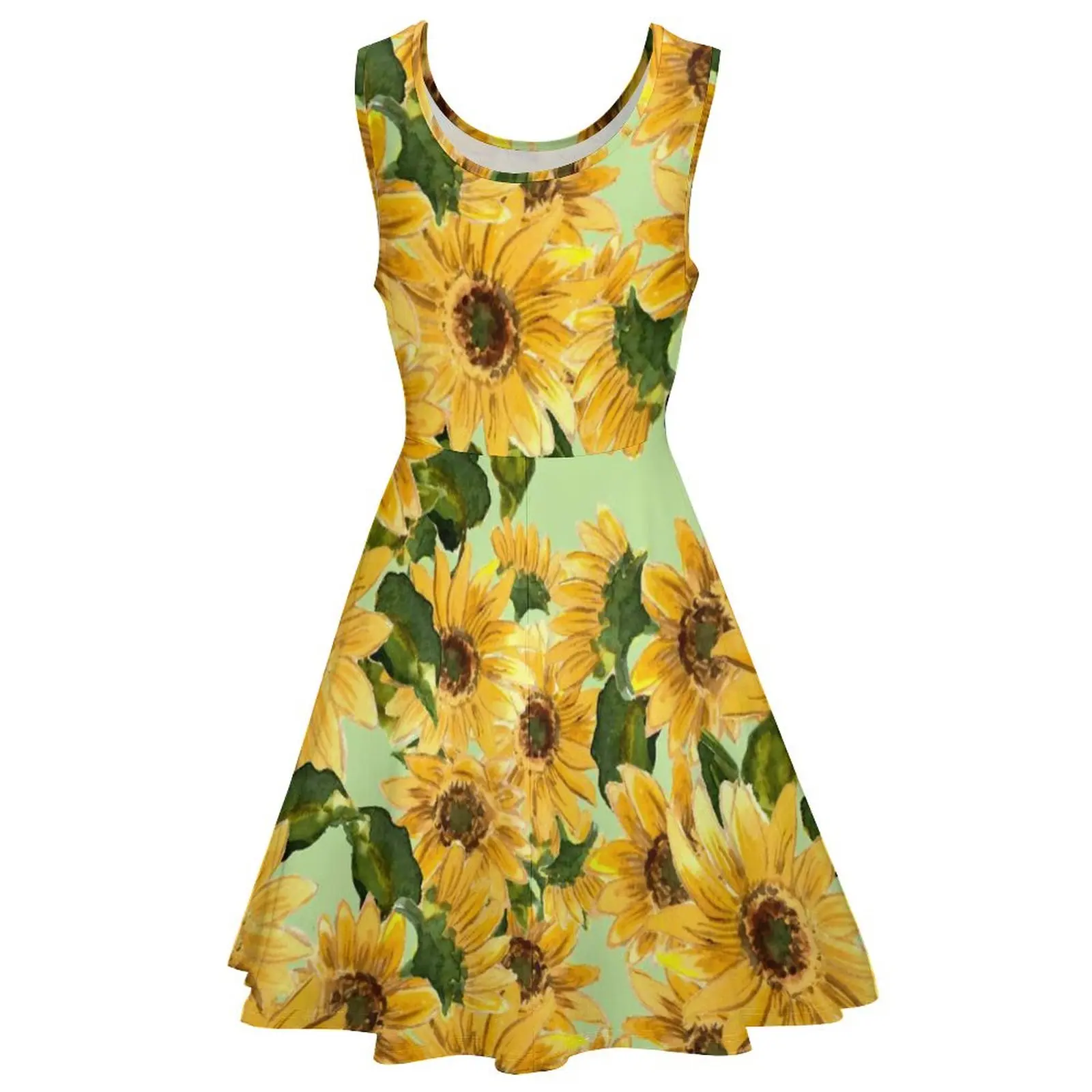 Blooming Sunflower Dress Yellow Flowers Street Wear Dresses Womens Boho Beach Skate Dress Spring Pattern Vestido Large Size