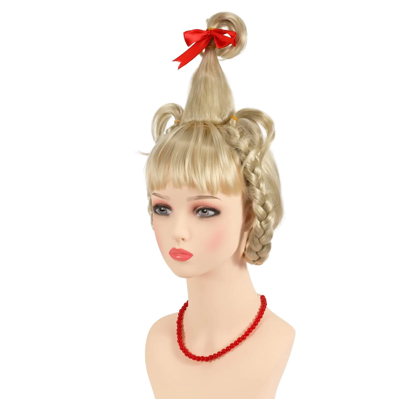 Cindy Lou Who Wig for Adults Girls Blonde Braided Wig Bow Necklace Halloween Christmas Cosplay Costume Accessories