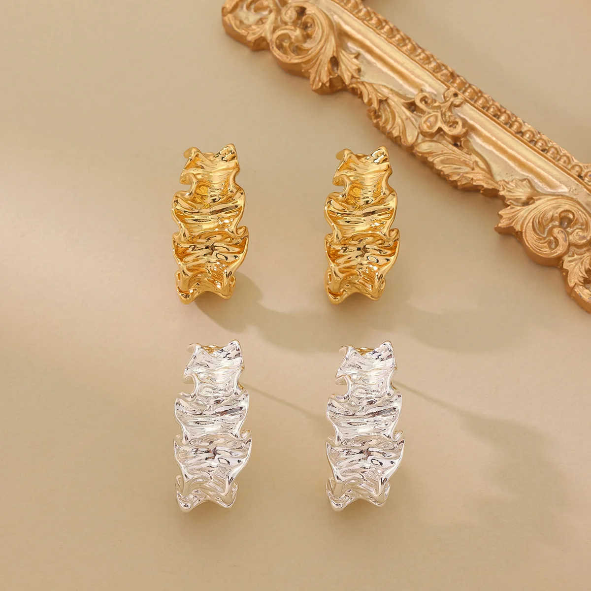 Irregular Pleated Geometric Shiny Gold and Silver Stud Earrings Simple Exaggerated Trendy Elegant Earrings