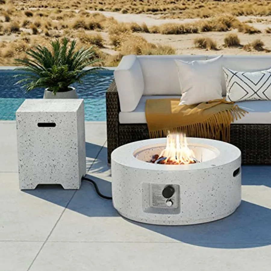 Outdoor propane fire table set for garden pool backyard use, terrazzo material, gray color, 40000 BTU certified heat output wit