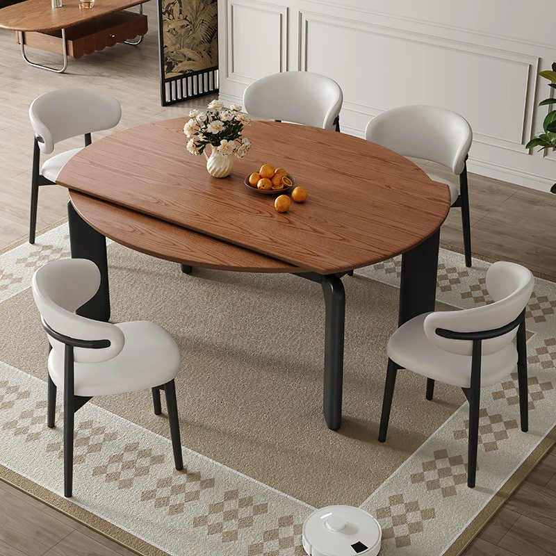 French Retro Small Household Foldable Table and Chairs Extendable Round Dining Table for Small Apartments