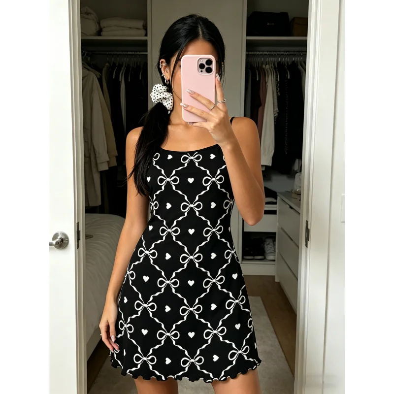 Women Summer Nightdress Spaghetti Strap Ruffle Trim Round Neck Home Loungewear Sleep Dress Cute Bow Heart Print