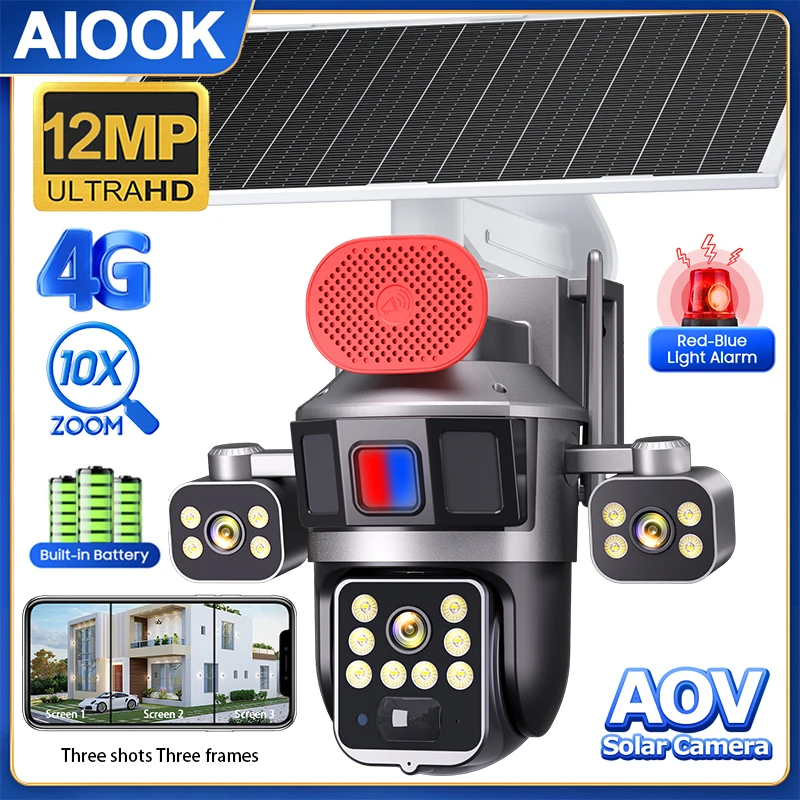 AIOOK AOV Solar Camera HD 12MP 4G SIM Camera 20W Solar Night Vision Two Way Intercom Outdoor Waterproof IP CCTV Alarm Reminder