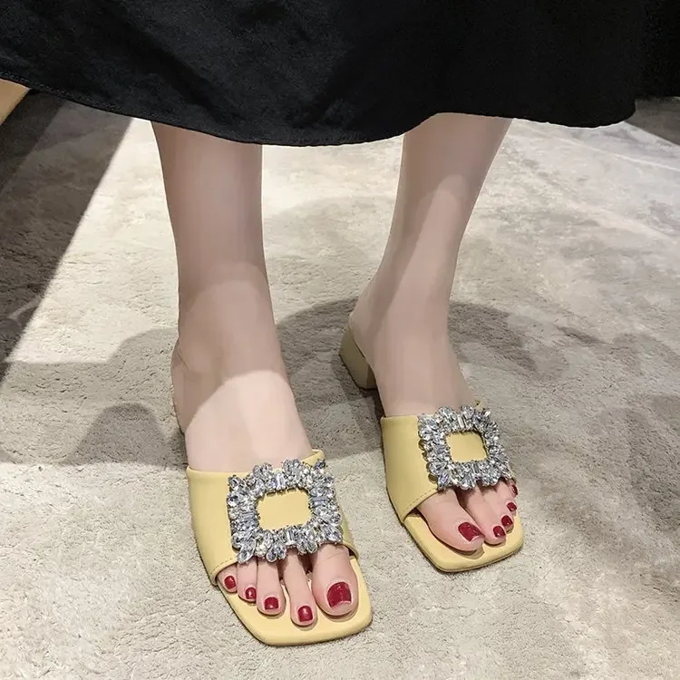 New Square Rhinestones Satin Flat Slippers for Women Shoes Fashion Slides Comfort Light Sandals Female Sandalia