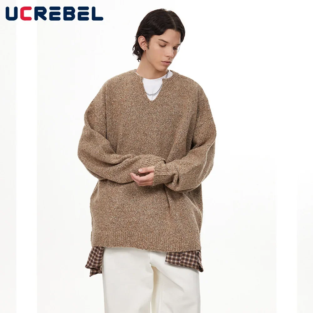 Autumn Winter Knitted Sweater Mens Retro High Street V-neck Loose Drop Shoulder Long Sleeve Pullover Men