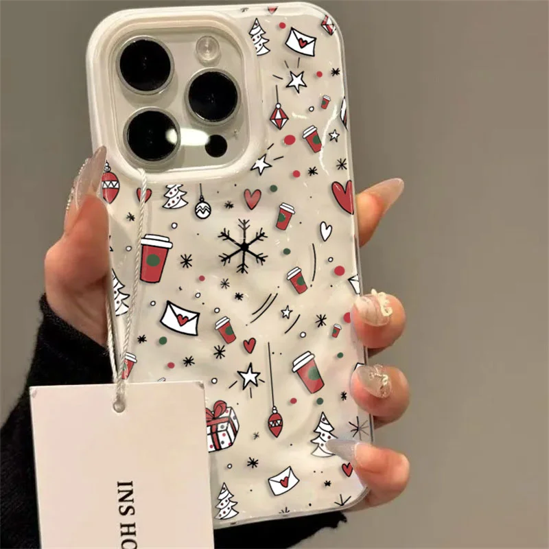 

Ins Cartoon Christmas Style Phone Case For iPhone 16 Pro Max 15 14 13 12 11 Pro Max Plus Folds Texture Shockproof Soft Cover