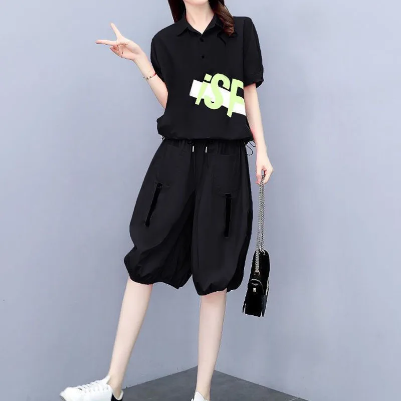 Fashion Two Piece Set Women's Printed Spliced Solid Color Knee Pants Sets Summer Loose Casual Polo-Neck T-shirt Female Clothing