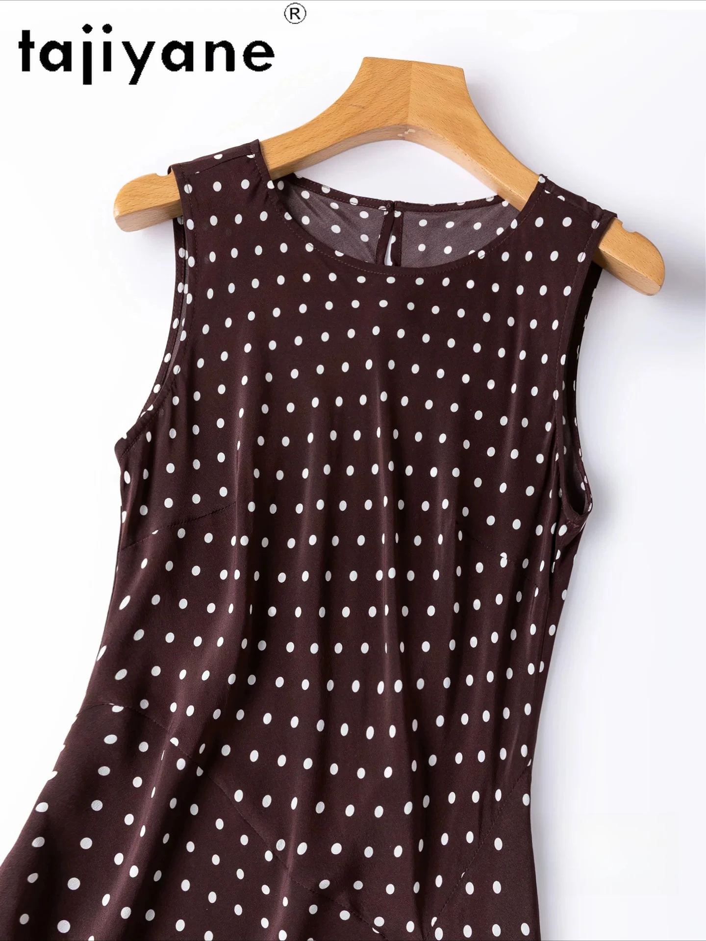 

TAJIYANE 100% Real Mulberry Silk Tank Dresses for Women Mocha Polka Dot Long Dress Summer Vacation Frocks Woman Clothes 2026 원피스