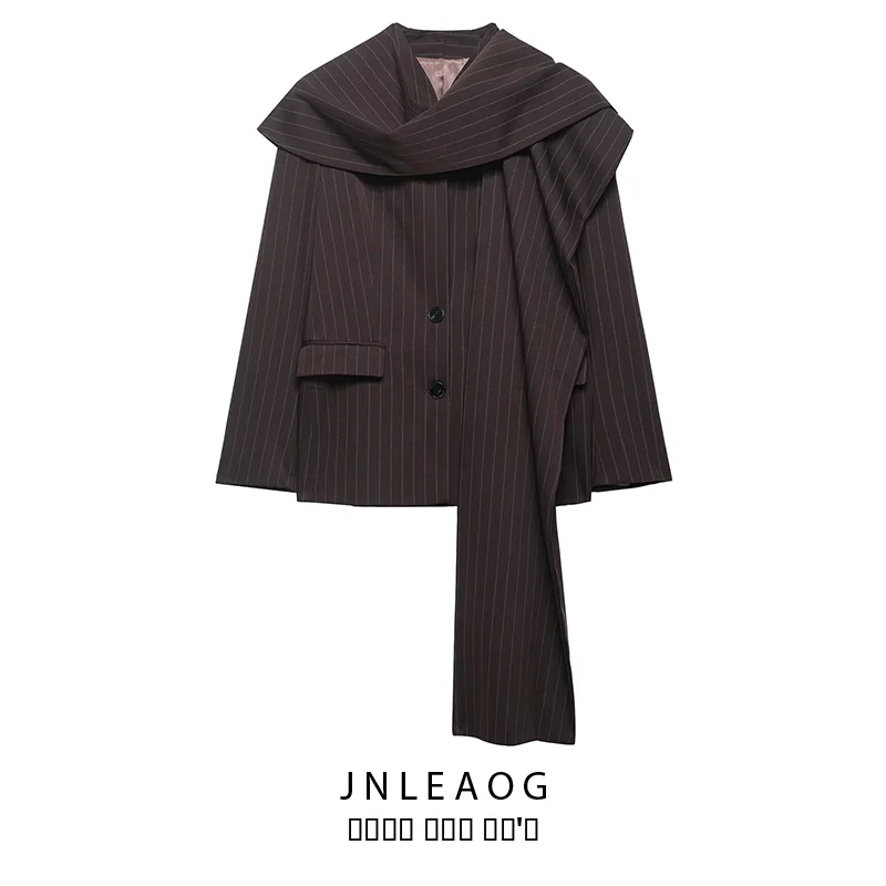 

Fashionable Scarf Collar Jacket Women's Spring New Style Polyester Fiber Standard Fit Long Sleeve Button Closure Striped Pattern