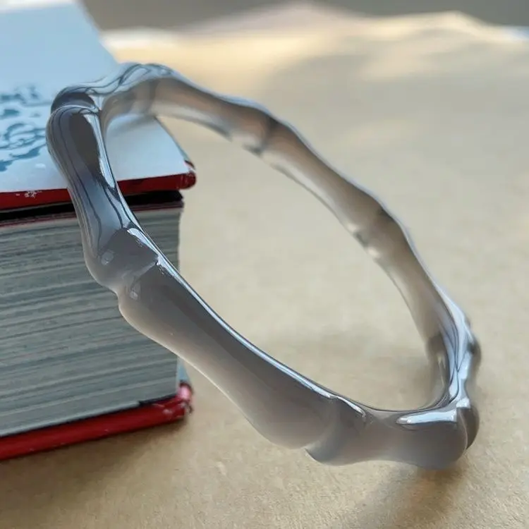 

Smoke Gray Natural Agate Chalcedony Bamboo Bracelet Antique Carving