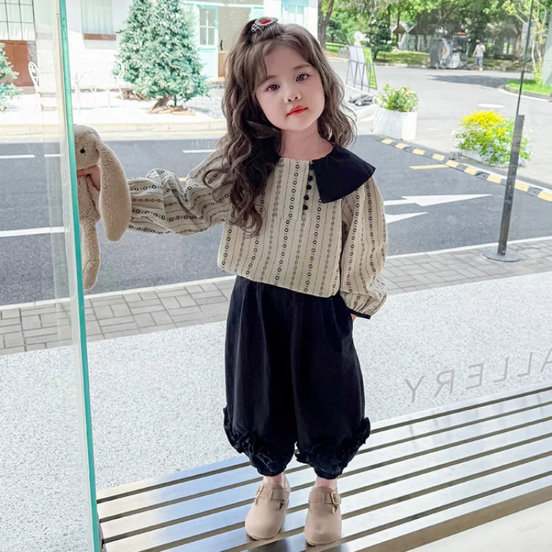 Spring and Autumn Set 2026 New Style Little Girl Doll Collar Vintage Top Loose Lantern Pants Two Piece Set Trendy