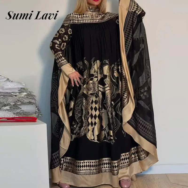 

Women Fashion Turtleneck Pleated Robe Dress 2025 Elegant Pattern Print Loose Long Dress Casual Batwing Sleeve Muslim Party Dress