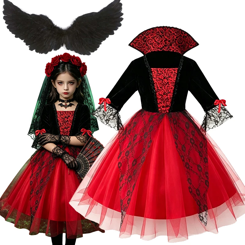 Kids Gothic Halloween Fancy Dress Girls Devil Theme Tulle Dress Complete Accessory Set Holiday Carnival Party Dress Up Outfit