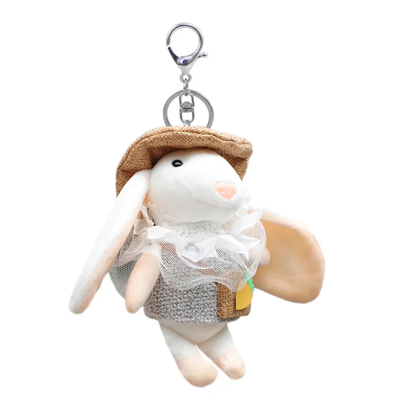 Kawaii Straw Hat Rabbit Mouse Dress Up Plush Toy Women Bag Pendant Plush Keychain Garden Decor Holiday Gifts Toys For Girls